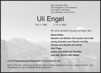 Traueranzeige von Uli Engel von Siegener Zeitung