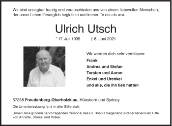Traueranzeige von Ulrich Utsch von Siegener Zeitung