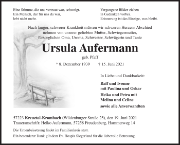 Traueranzeige von Ursula Aufermann von Siegener Zeitung