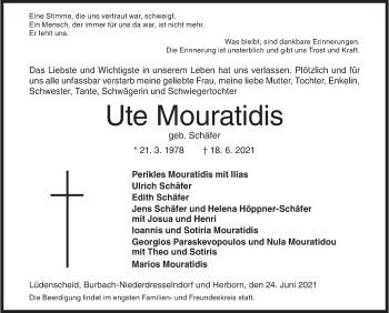 Traueranzeige von Ute Mouratidis von Siegener Zeitung