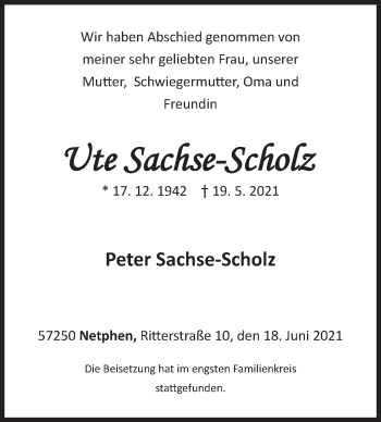 Traueranzeige von Ute Sachse-Scholz von Siegener Zeitung