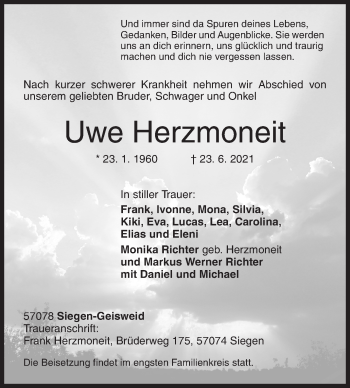 Traueranzeige von Uwe Herzmoneit von Siegener Zeitung