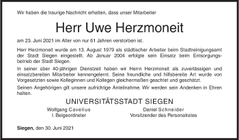 Traueranzeige von Uwe Herzmoneit von Siegener Zeitung