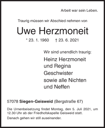 Traueranzeige von Uwe Herzmoneit von Siegener Zeitung
