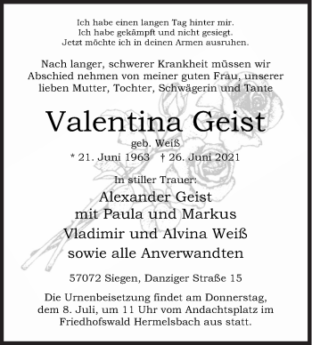 Traueranzeige von Valentina Geist von Siegener Zeitung