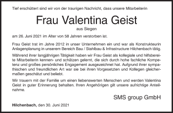 Traueranzeige von Valentina Geist von Siegener Zeitung