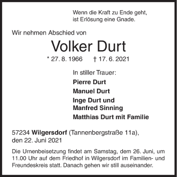 Traueranzeige von Volker Durt von Siegener Zeitung