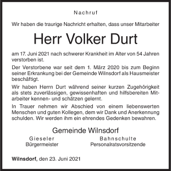 Traueranzeige von Volker Durt von Siegener Zeitung