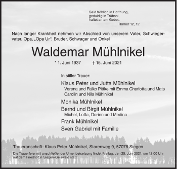 Traueranzeige von Waldemar Mühlnikel von Siegener Zeitung