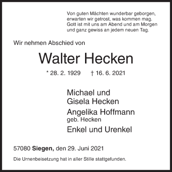 Traueranzeige von Walter Hecken von Siegener Zeitung