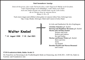 Traueranzeige von Walter Knebel von Siegener Zeitung