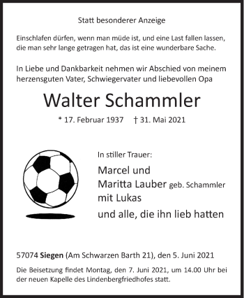 Traueranzeige von Walter Schammler von Siegener Zeitung