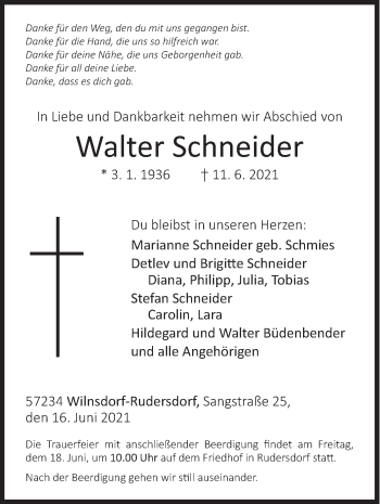 Traueranzeige von Walter Schneider von Siegener Zeitung