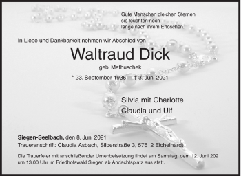 Traueranzeige von Waltraud Dick von Siegener Zeitung
