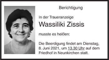 Traueranzeige von Wassiliki Zissis von Siegener Zeitung