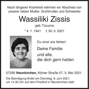 Traueranzeige von Wassiliki Zissis von Siegener Zeitung