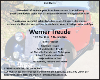 Traueranzeige von Werner Treude von Siegener Zeitung