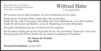 Traueranzeige von Wilfried Hahn von Siegener Zeitung