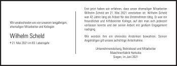 Traueranzeige von Wilhelm Scheld von Siegener Zeitung