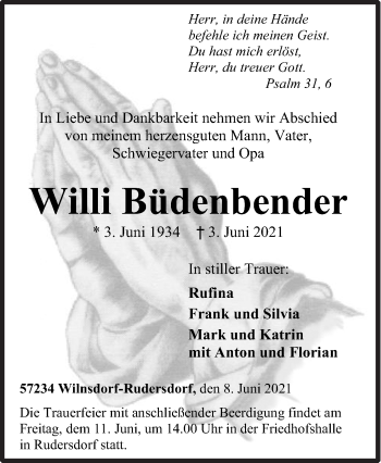Traueranzeige von Willi Büdenbender von Siegener Zeitung
