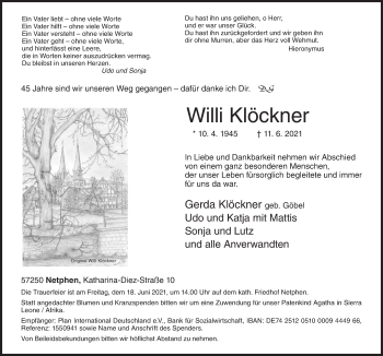 Traueranzeige von Willi Klöckner von Siegener Zeitung