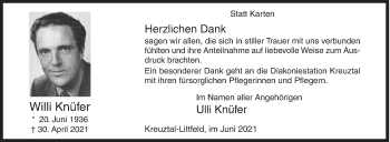 Traueranzeige von Willi Knüfer von Siegener Zeitung