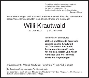 Traueranzeige von Willi Krautwald von Siegener Zeitung