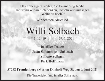 Traueranzeige von Willi Solbach von Siegener Zeitung