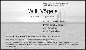 Traueranzeige von Willi Vögele von Siegener Zeitung