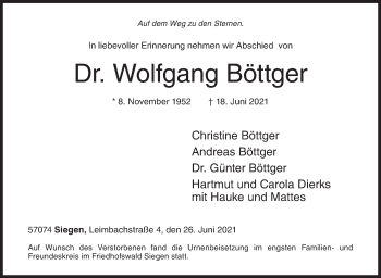 Traueranzeige von Wolfgang Böttger von Siegener Zeitung