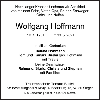 Traueranzeige von Wolfgang Hoffmann von Siegener Zeitung