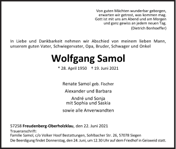 Traueranzeige von Wolfgang Samol von Siegener Zeitung