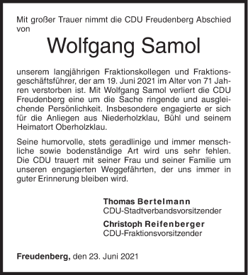 Traueranzeige von Wolfgang Samol von Siegener Zeitung