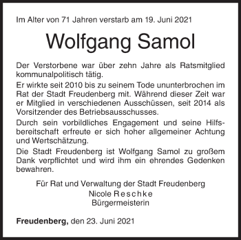 Traueranzeige von Wolfgang Samol von Siegener Zeitung