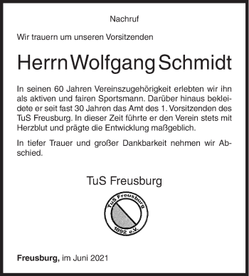 Traueranzeige von Wolfgang Schmidt von Siegener Zeitung