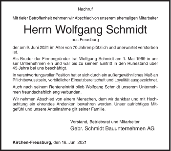 Traueranzeige von Wolfgang Schmidt von Siegener Zeitung