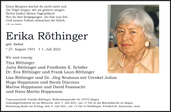 Traueranzeige von Erika Röthinger von Siegener Zeitung