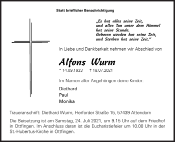 Traueranzeige von Alfons Wurm von Siegener Zeitung