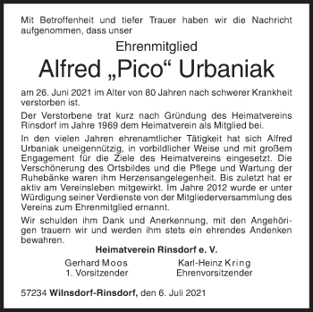 Traueranzeige von Alfred  Urbaniak von Siegener Zeitung
