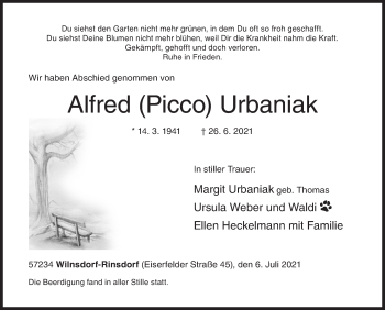 Traueranzeige von Alfred  Urbaniak von Siegener Zeitung