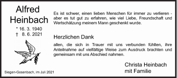 Traueranzeige von Alfred Heinbach Dank von Siegener Zeitung