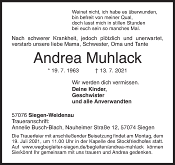 Traueranzeige von Andrea Muhlack von Siegener Zeitung