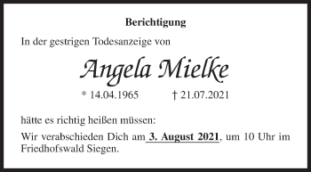 Traueranzeige von Angela Mielke von Siegener Zeitung