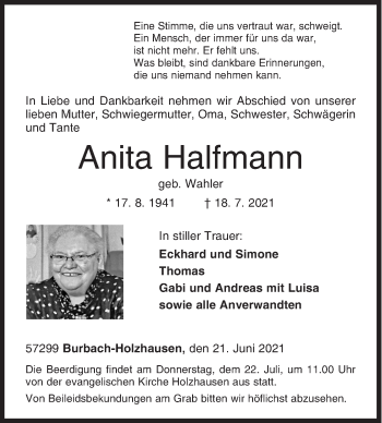 Traueranzeige von Anita Halfmann von Siegener Zeitung
