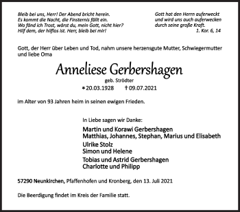 Traueranzeige von Anneliese Gerbershagen von Siegener Zeitung