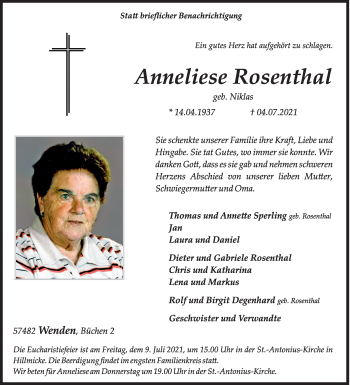 Traueranzeige von Anneliese Rosenthal von Siegener Zeitung