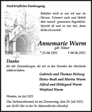 Traueranzeige von Annemarie Wurm von Siegener Zeitung
