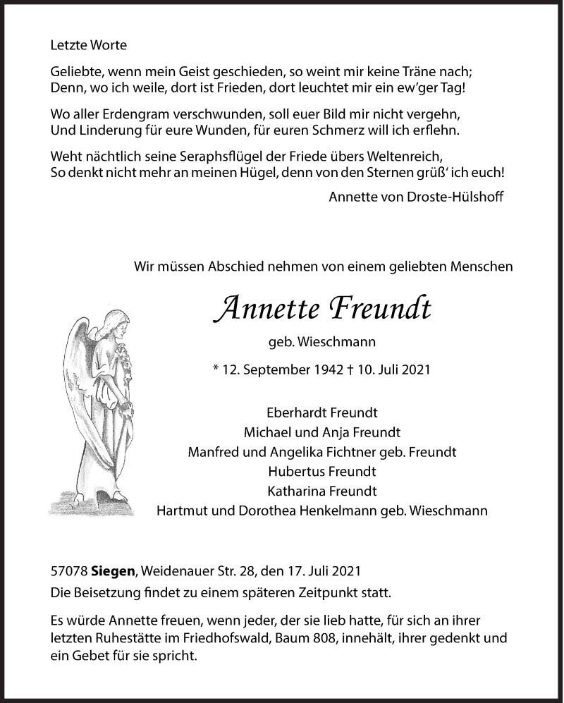  Traueranzeige für Annette Freundt vom 17.07.2021 aus Siegener Zeitung