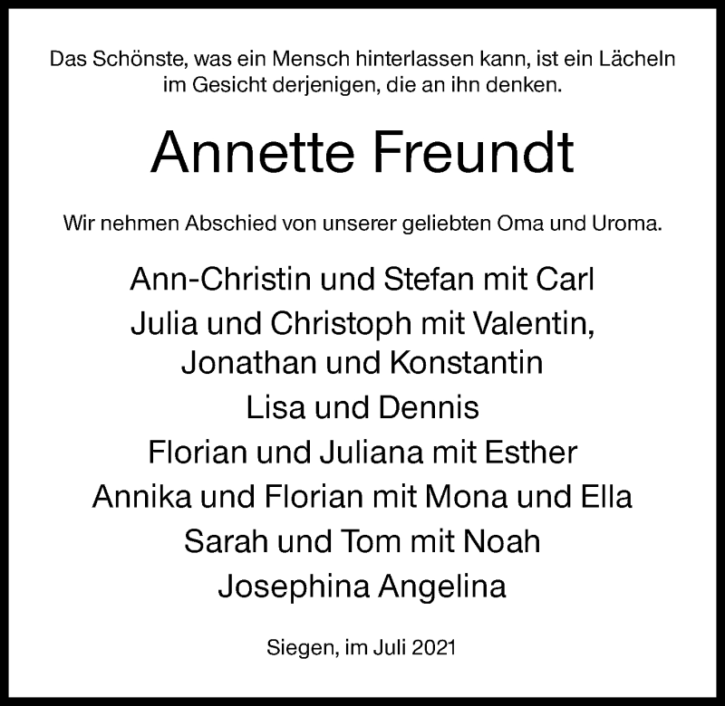  Traueranzeige für Annette Freundt vom 17.07.2021 aus Siegener Zeitung