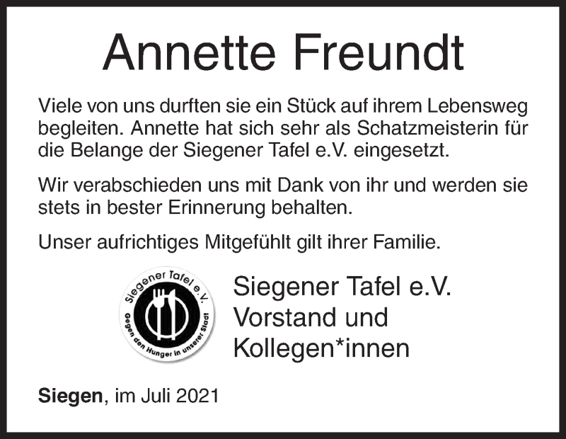  Traueranzeige für Annette Freundt vom 20.07.2021 aus Siegener Zeitung